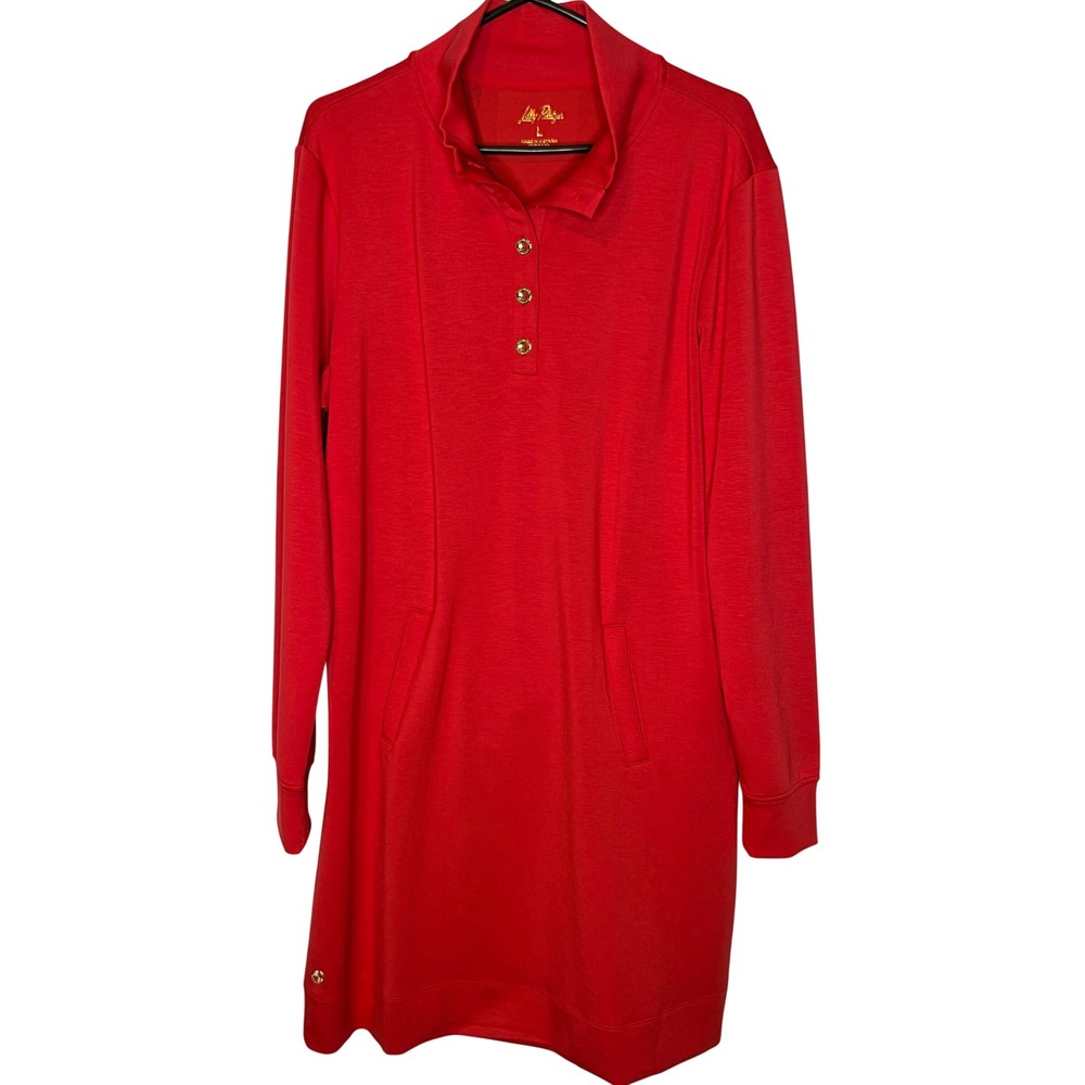 Lilly Pulitzer Dress L Preppy Red Knit Long Sleeve Gold Button Pockets Tunic